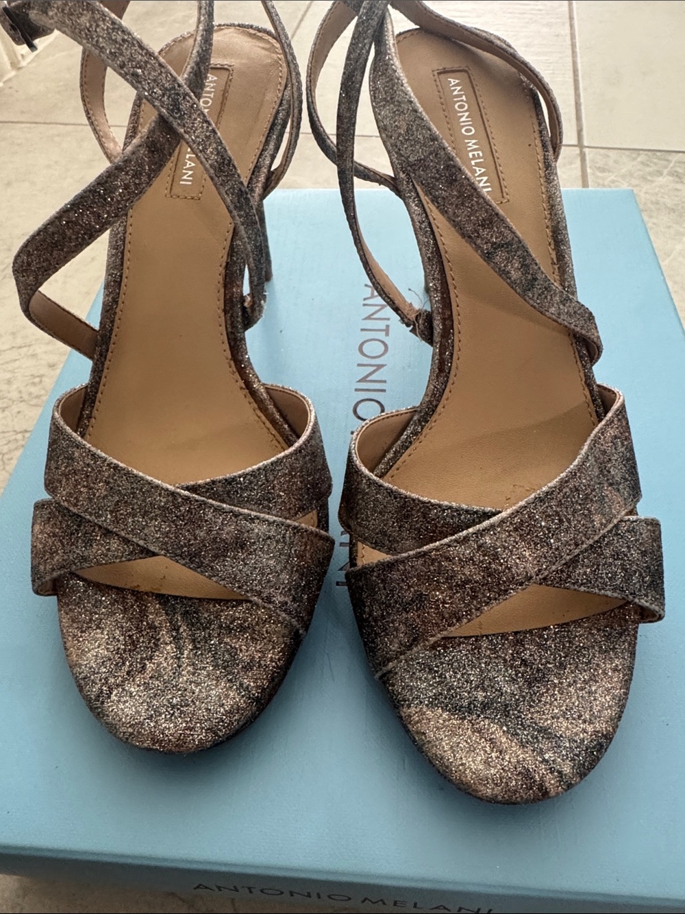 ANTONIO MELANI Metallic Taupe, Green, Gold Glitter Strappy Platform Heels